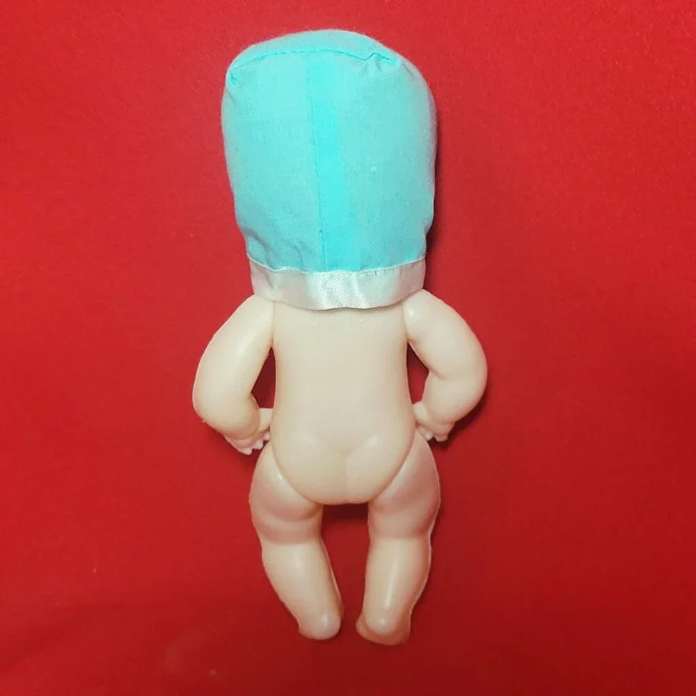 Vintage Collectible Doll Rooted Brown Hair Blue Eyes Blue White Bonnet